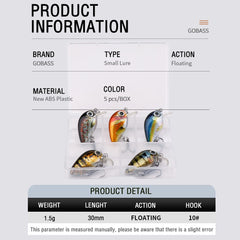 5pcs Mini Fish Bass Fishing Lure Set 3cm 1.5g Topwater Crankbaits for Pike & Bass