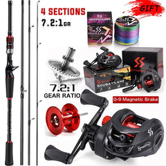 Fishing Rod Reel Combo 1.8–2.1m Carbon Fiber Casting Rod + 7.2:1 Baitcasting Reel
