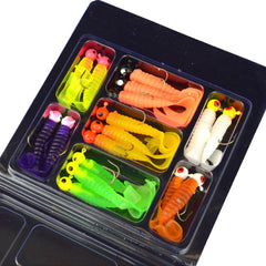 34pcs Jig Head + Soft Worm Lure Kit – 17pcs 3.5g Jig Hooks & 17pcs 5.5cm Grubs