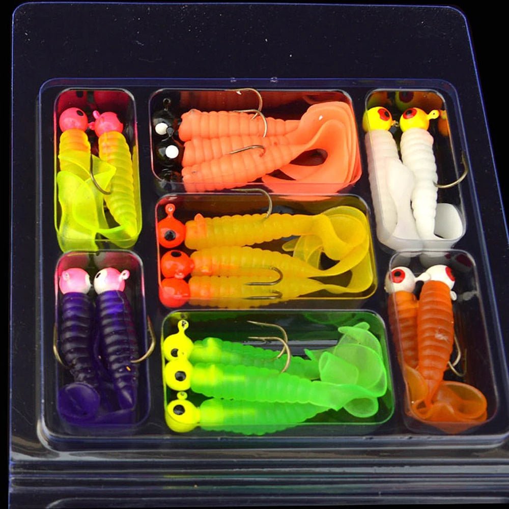 34pcs Jig Head + Soft Worm Lure Kit – 17pcs 3.5g Jig Hooks & 17pcs 5.5cm Grubs