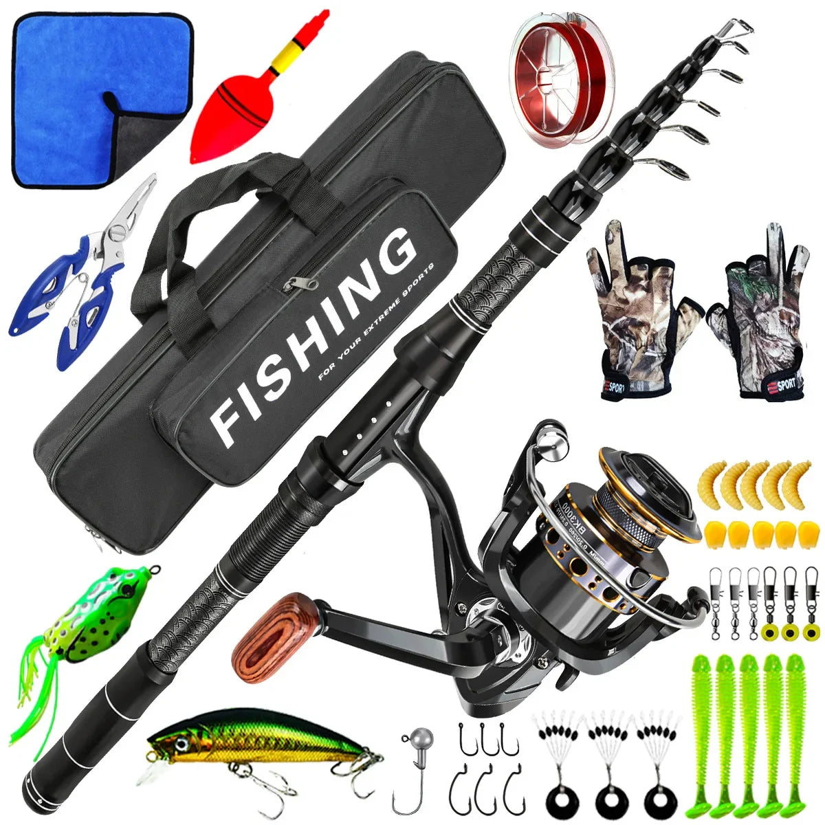 Carbon Surf Fishing Rod & Lure Combo Set - Long Cast Saltwater Spinning Rod with Artificial Bait Kit