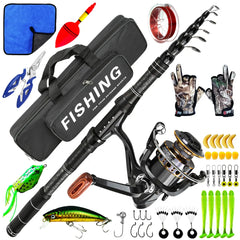 Carbon Surf Fishing Rod & Lure Combo Set - Long Cast Saltwater Spinning Rod with Artificial Bait Kit