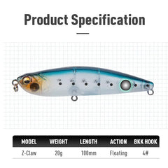 2pcs Z-Claw Floating Pencil Fishing Lures | 100mm 20g Topwater Stickbait Walk The Dog Hard Baits for Bass & Pike