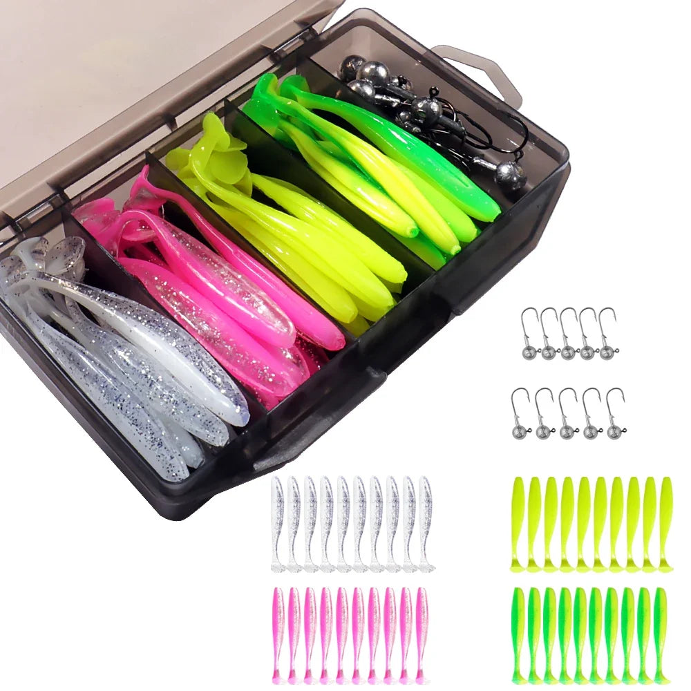50PCS Jig Bait Soft Lure Kit – 5.5cm/7cm/10cm with Jig Head Hooks & Tackle Box