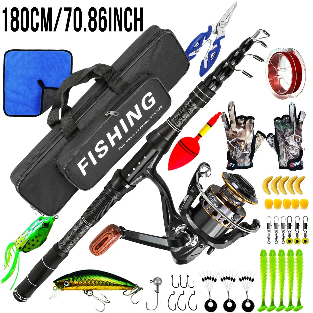 Carbon Surf Fishing Rod & Lure Combo Set - Long Cast Saltwater Spinning Rod with Artificial Bait Kit